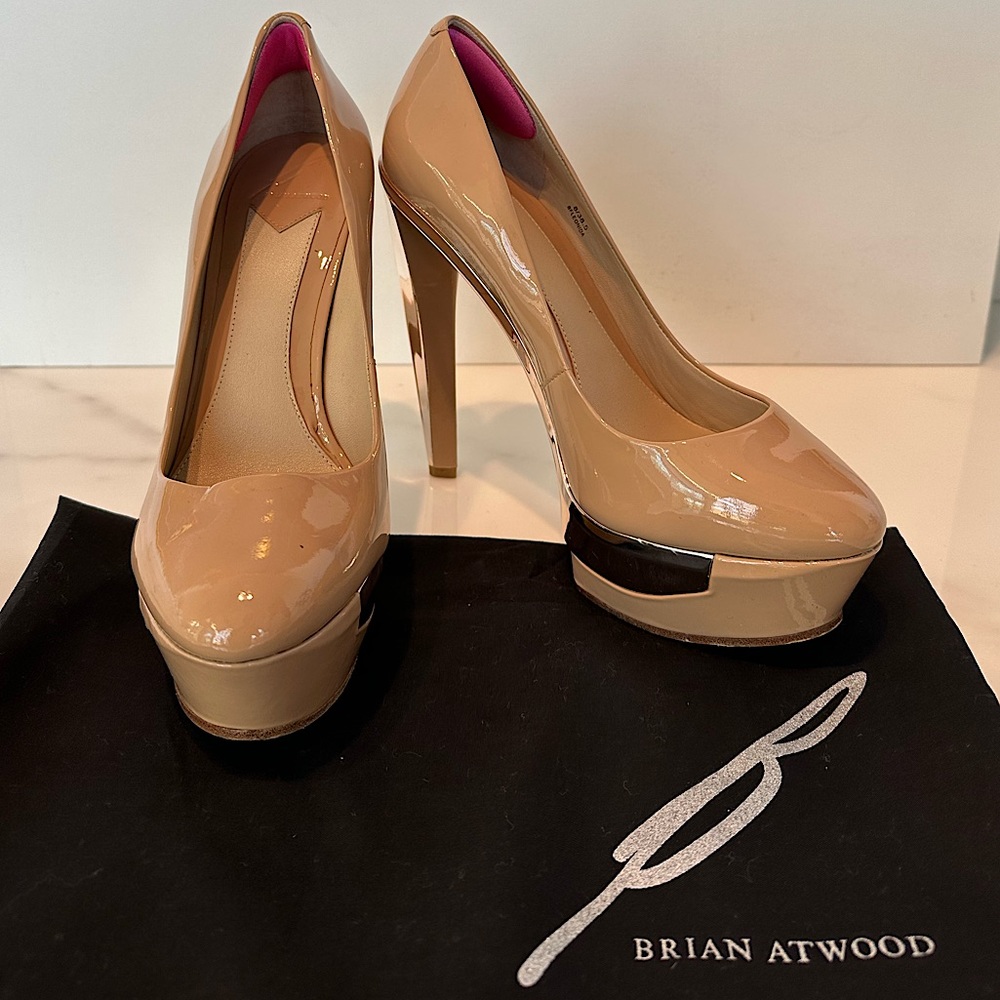 B Brian Atwood Patent Leather Pumps with Rose Gold Metallic Accents